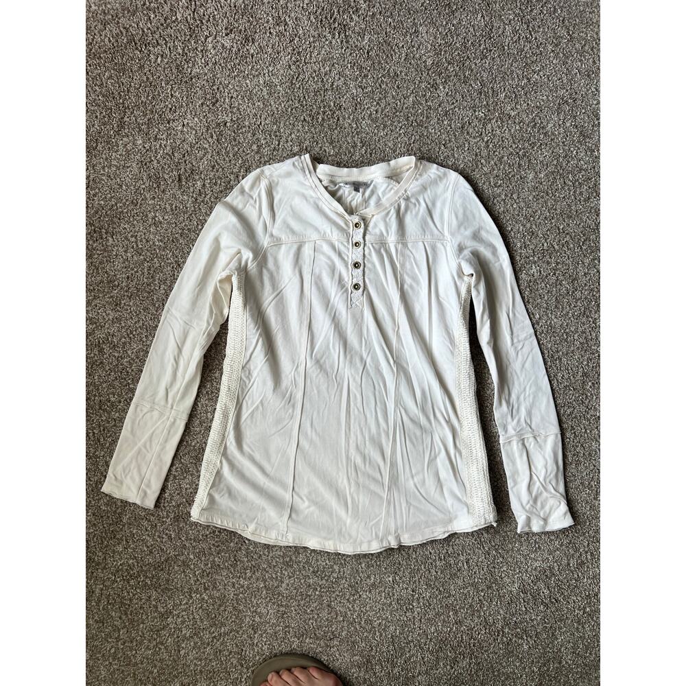 DE Collection Lace Trim Henley Top M Cream Cotton Long‎ Sleeve Boho Goblincore